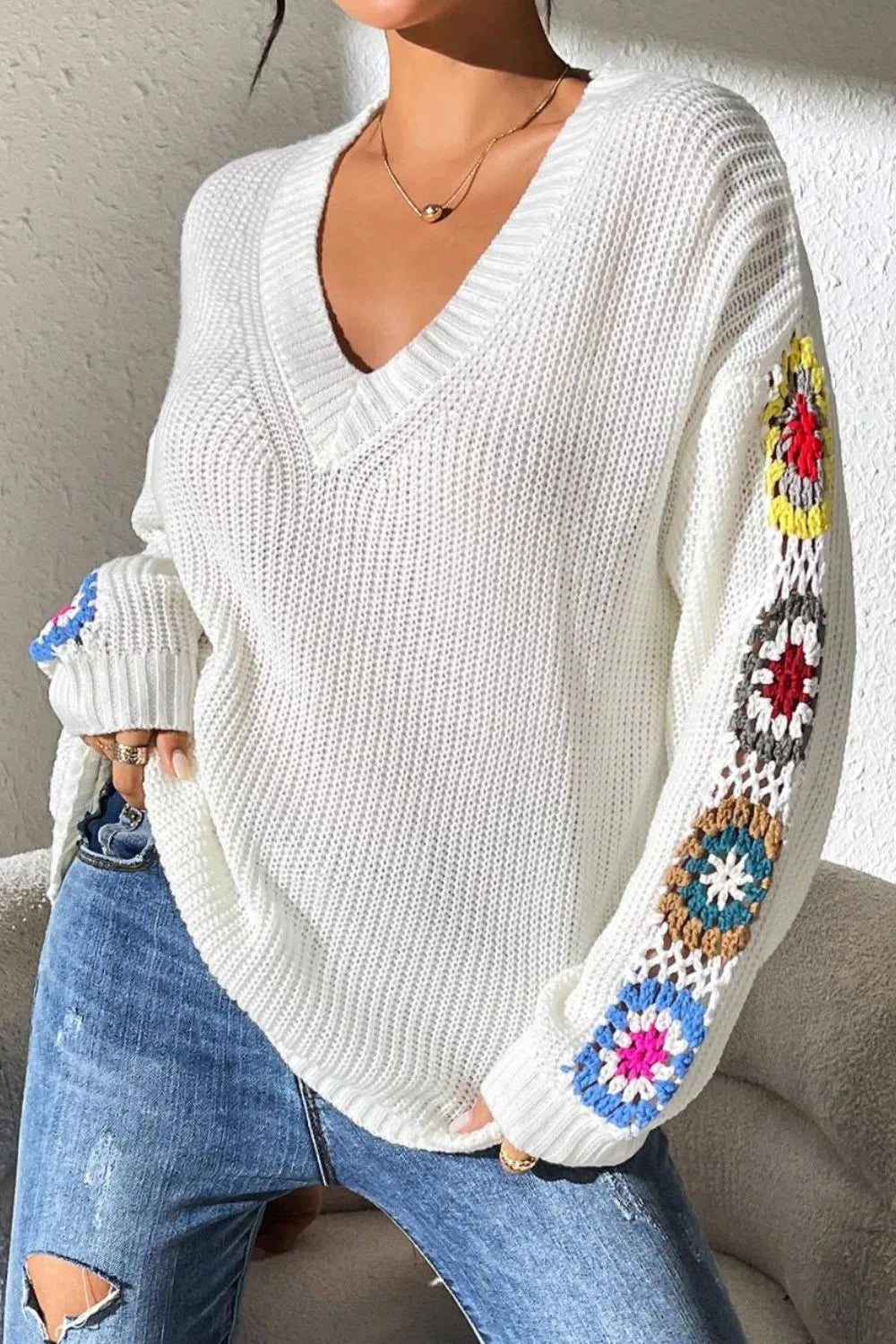 Randomly mixed color hand hook flower splicing V-neck pullover sweater