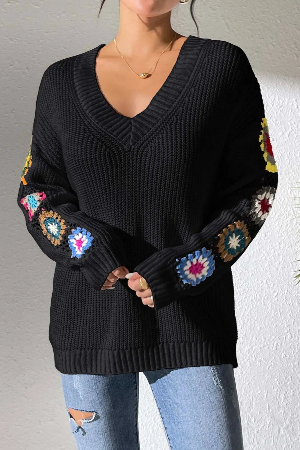 Randomly mixed color hand hook flower splicing V-neck pullover sweater