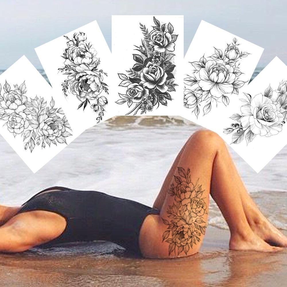 Realistic Big Flower Temporary Waterproof Sticker Tattoos For Body Painting Arm Legs Fake Black Rose Tattoos For Womens