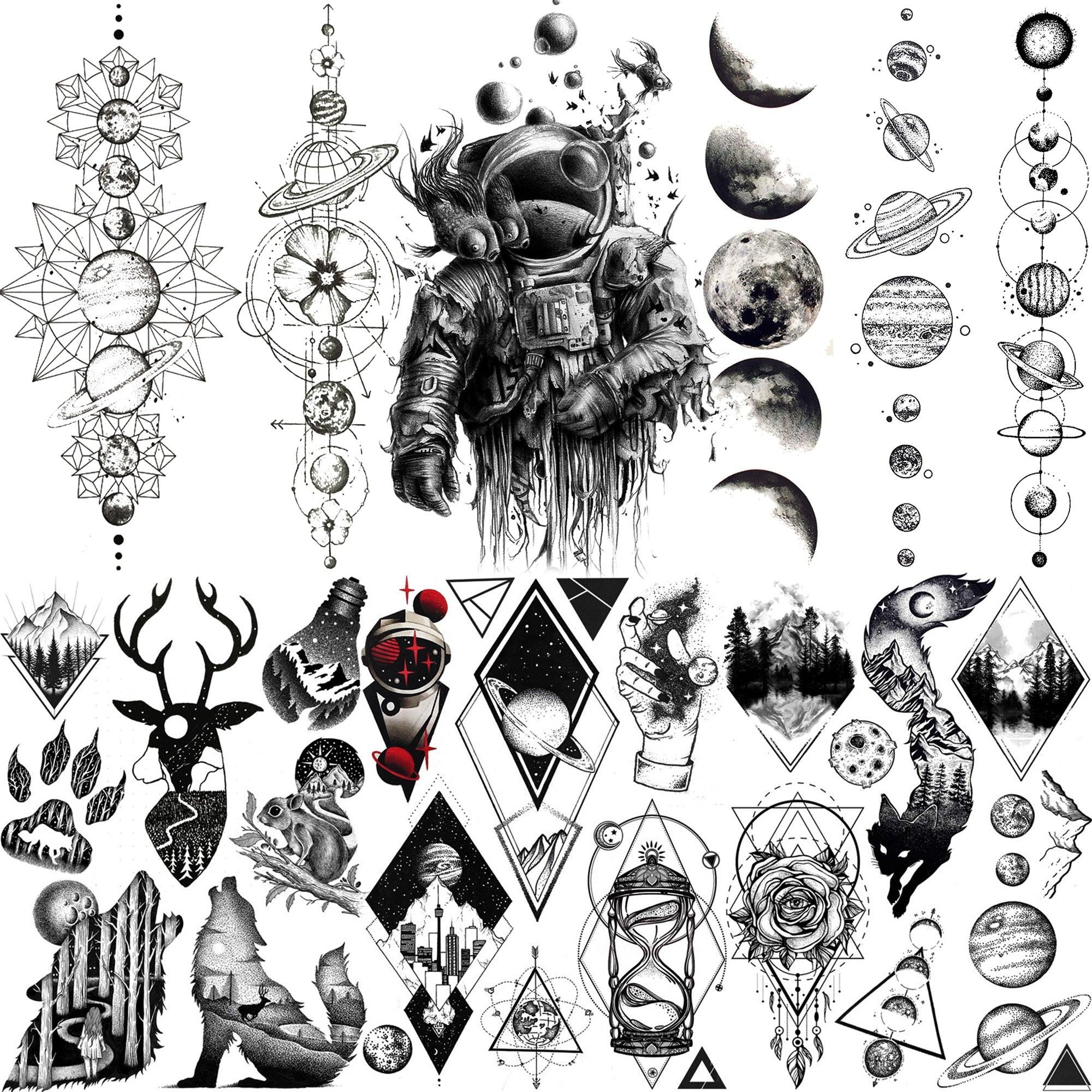 Realistic Black Temporary Small Big Tattoos Space Planets Animals Tatoos Waterproof  Face Hands Tattoos For Girls Mens