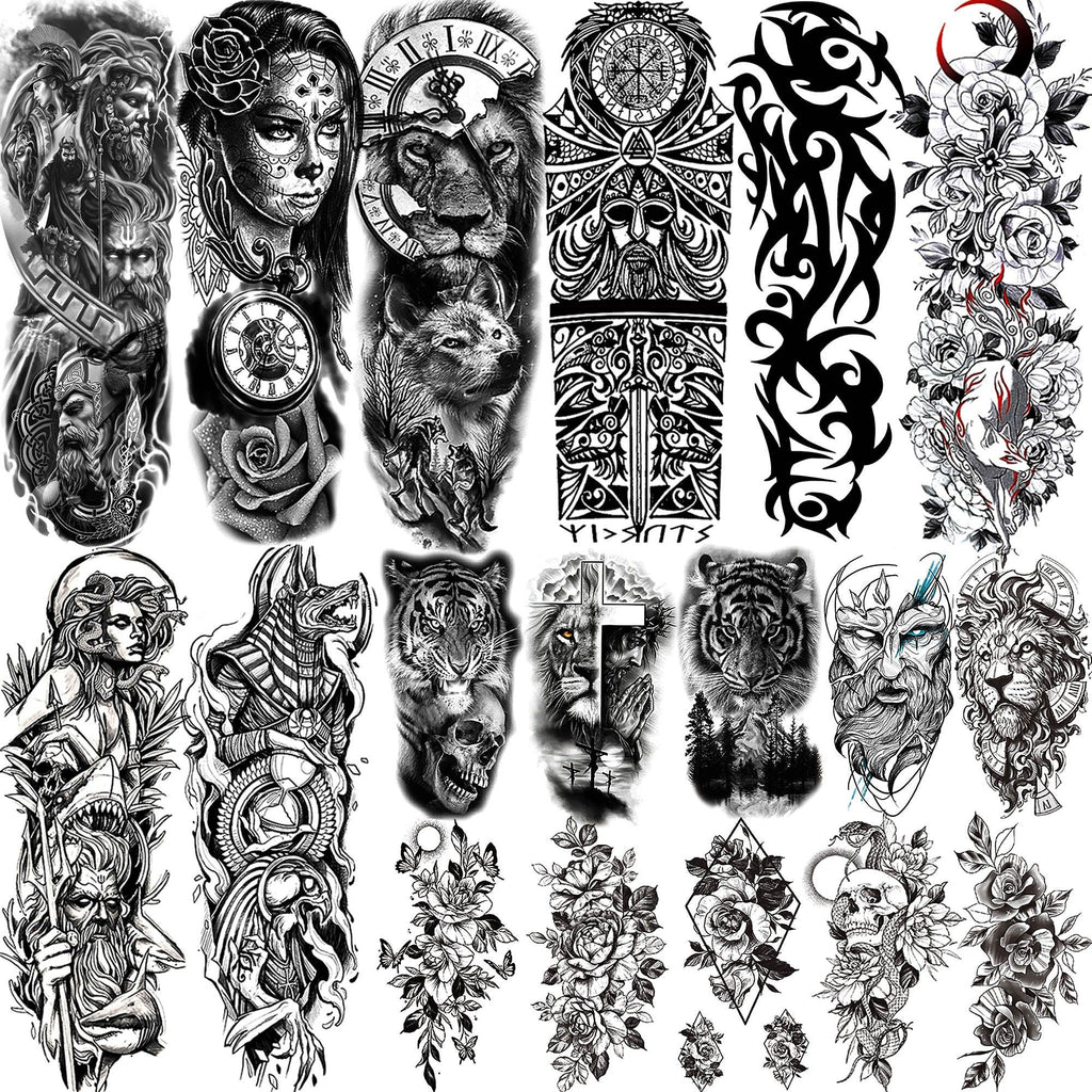 Realistic Full Arm Temporary Tattoos Sleeve Fake Tatoos Warrior Lion Tiger Flower Waterproof Tattoo Stickers For Womens Mens