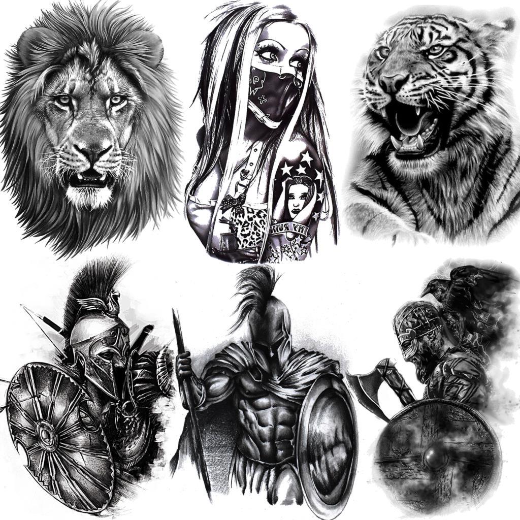 Realistic Lion Temporary Tattoo Black Warrior Sticker Waterproof Luxury Tattoo For Men Women