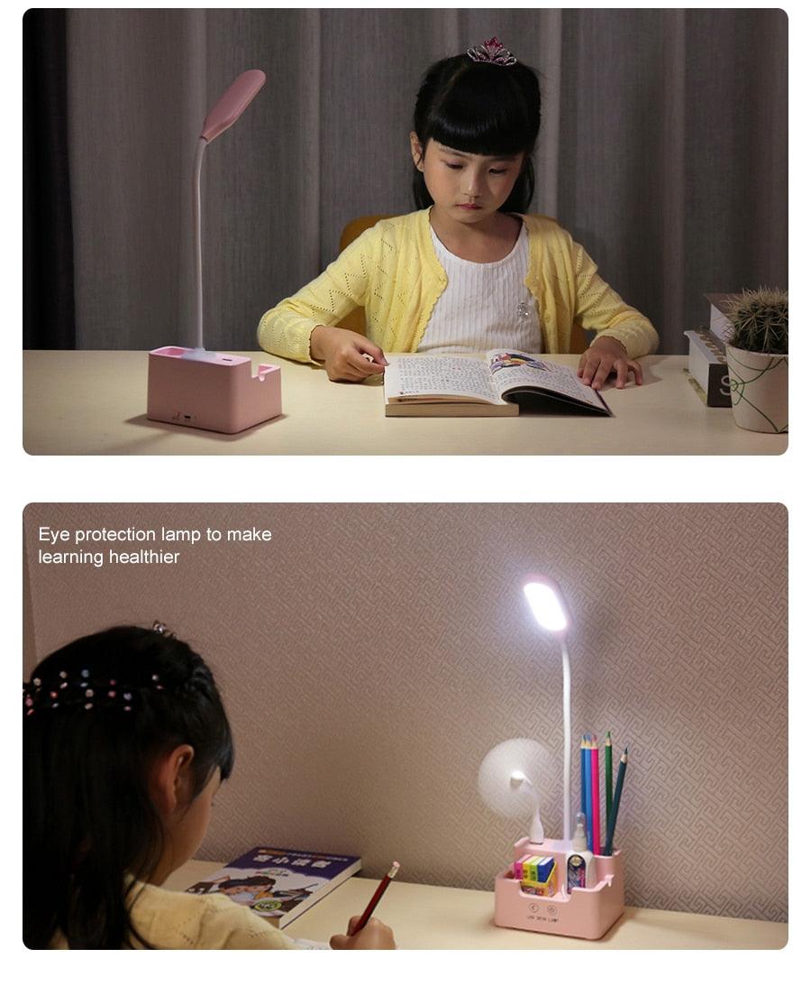 Rechargeable Led Table Lamp With Fan Touch Dimmable Desk Lamp Eye protection Reading Light For Kid With Phone Hoder Pen Holder Decorative Table Lamp Cute Study Lamps for Bedroom Décor