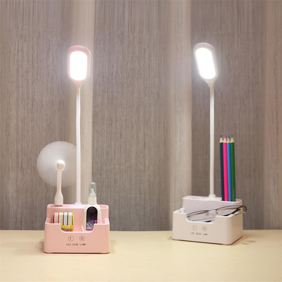 Rechargeable Led Table Lamp With Fan Touch Dimmable Desk Lamp Eye protection Reading Light For Kid With Phone Hoder Pen Holder Decorative Table Lamp Cute Study Lamps for Bedroom Décor