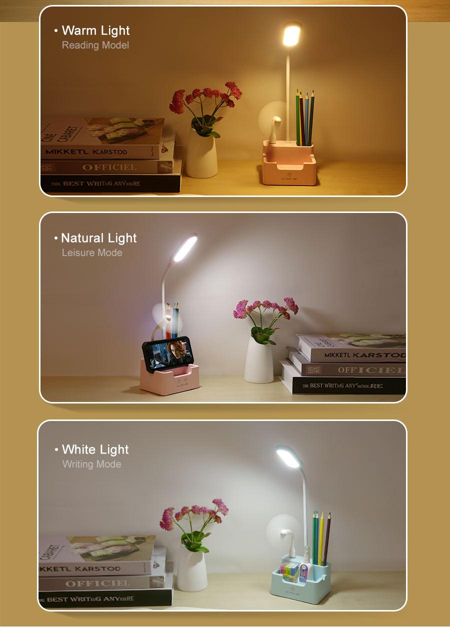 Rechargeable Led Table Lamp With Fan Touch Dimmable Desk Lamp Eye protection Reading Light For Kid With Phone Hoder Pen Holder Decorative Table Lamp Cute Study Lamps for Bedroom Décor
