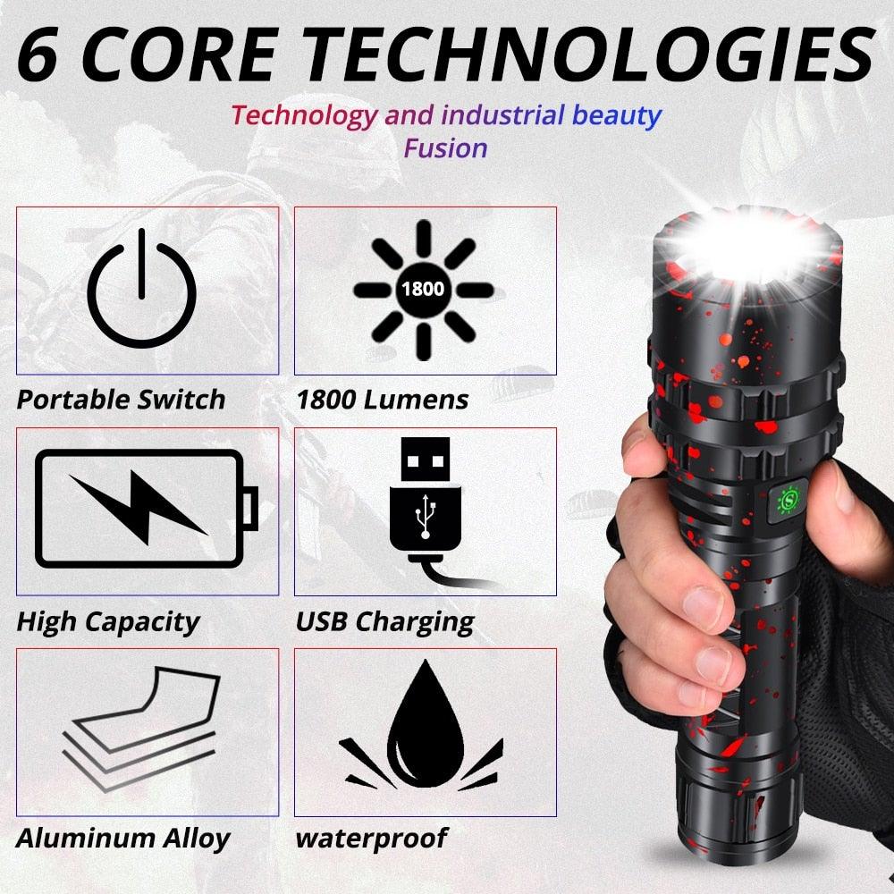 Rechargeable  LED Tactical Flashlights Waterproof Powerful High Lumen Super  Bright Power LED Aluminum Flashlight For Hiking Outdoor Camping Fishing Jogging Running HouseholdPowerful Light