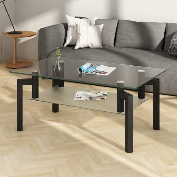 Rectangular Tempered Metal Tube Leg Living Room Glass Coffee Table