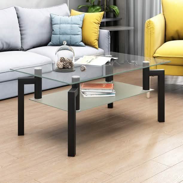 Rectangular Tempered Metal Tube Leg Living Room Glass Coffee Table