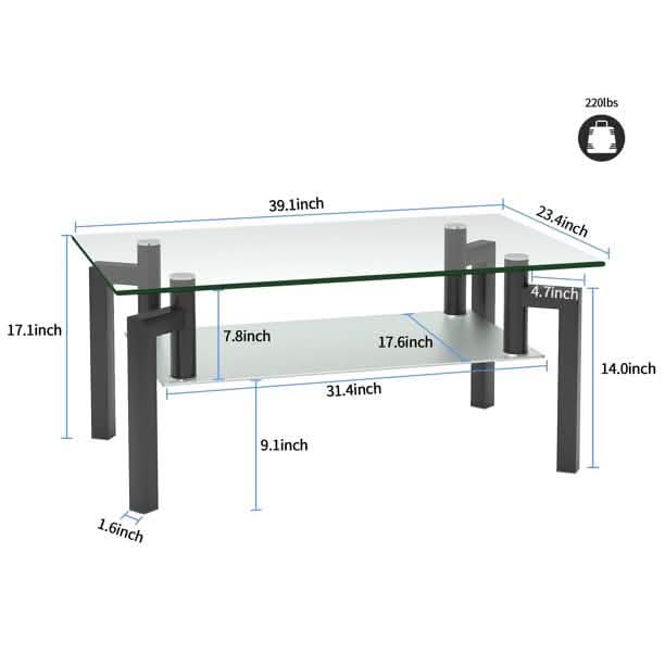 Rectangular Tempered Metal Tube Leg Living Room Glass Coffee Table