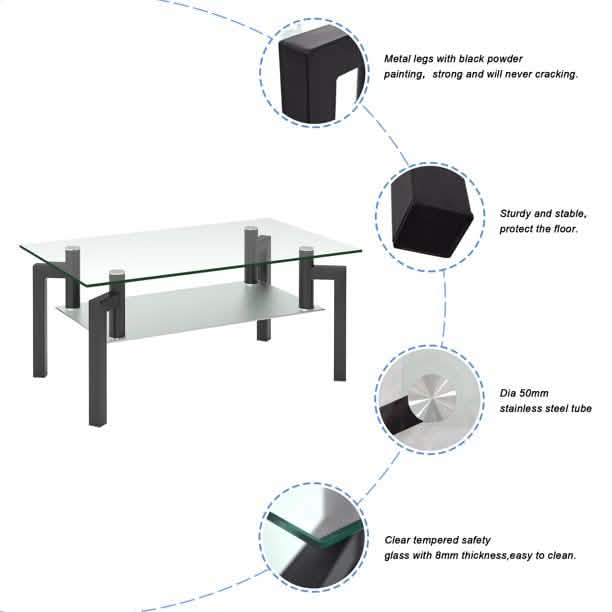 Rectangular Tempered Metal Tube Leg Living Room Glass Coffee Table
