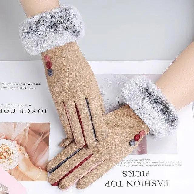 Red Winter Warm One Size Touch Screen Glove Female Fur Thick Driving Comfortable Gloves For Autumn