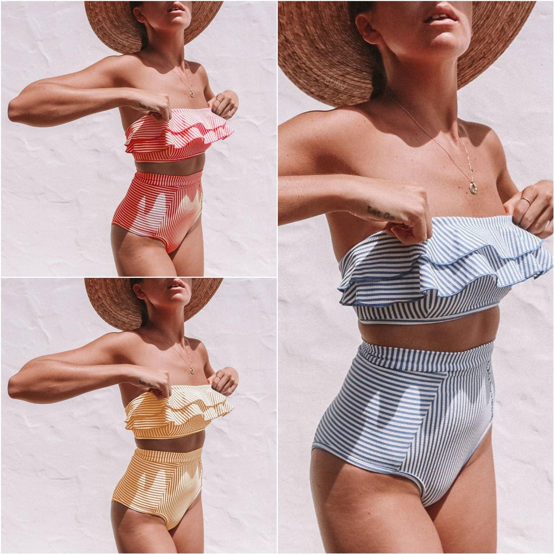 Retro Blue White Striped High Waist Bikini Lady Swimwear Women Swimsuit Female Ruffle Swim Bathing Suit  Piece Vintage High Waist Bikini Set Ruffled Swimsuits For Women Bathing Suits