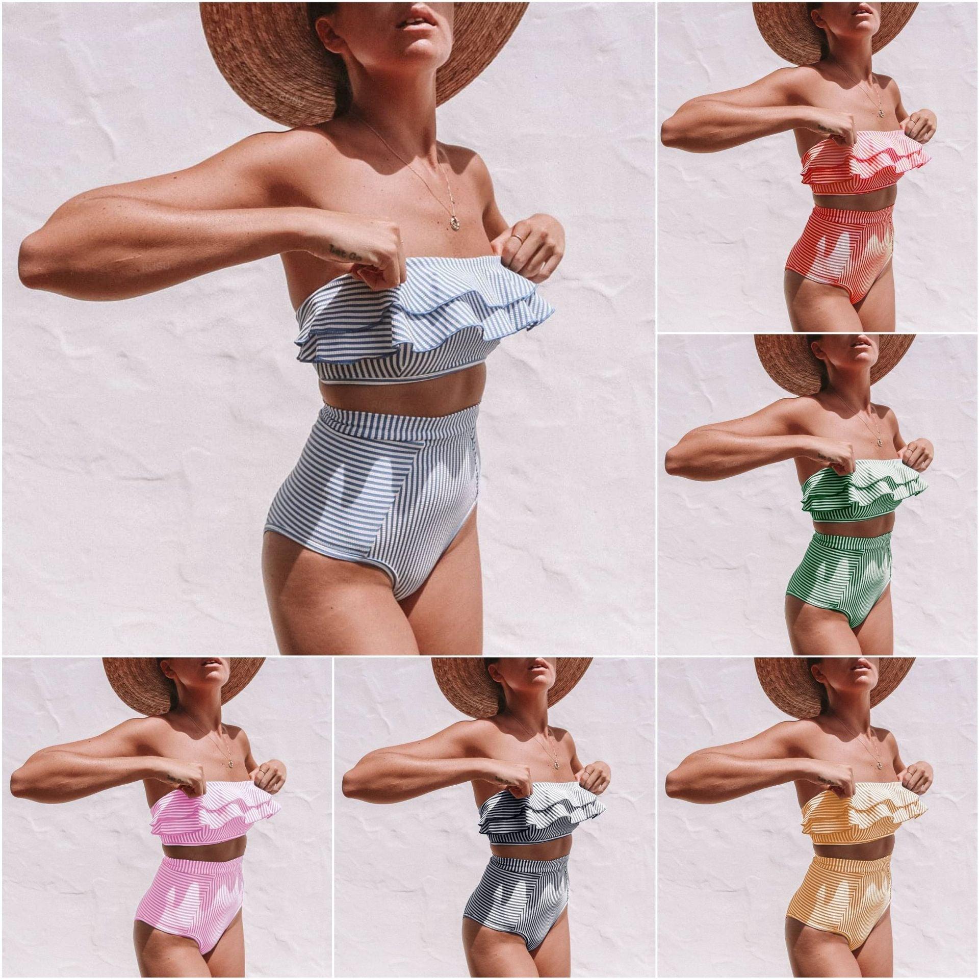 Retro Blue White Striped High Waist Bikini Lady Swimwear Women Swimsuit Female Ruffle Swim Bathing Suit  Piece Vintage High Waist Bikini Set Ruffled Swimsuits For Women Bathing Suits