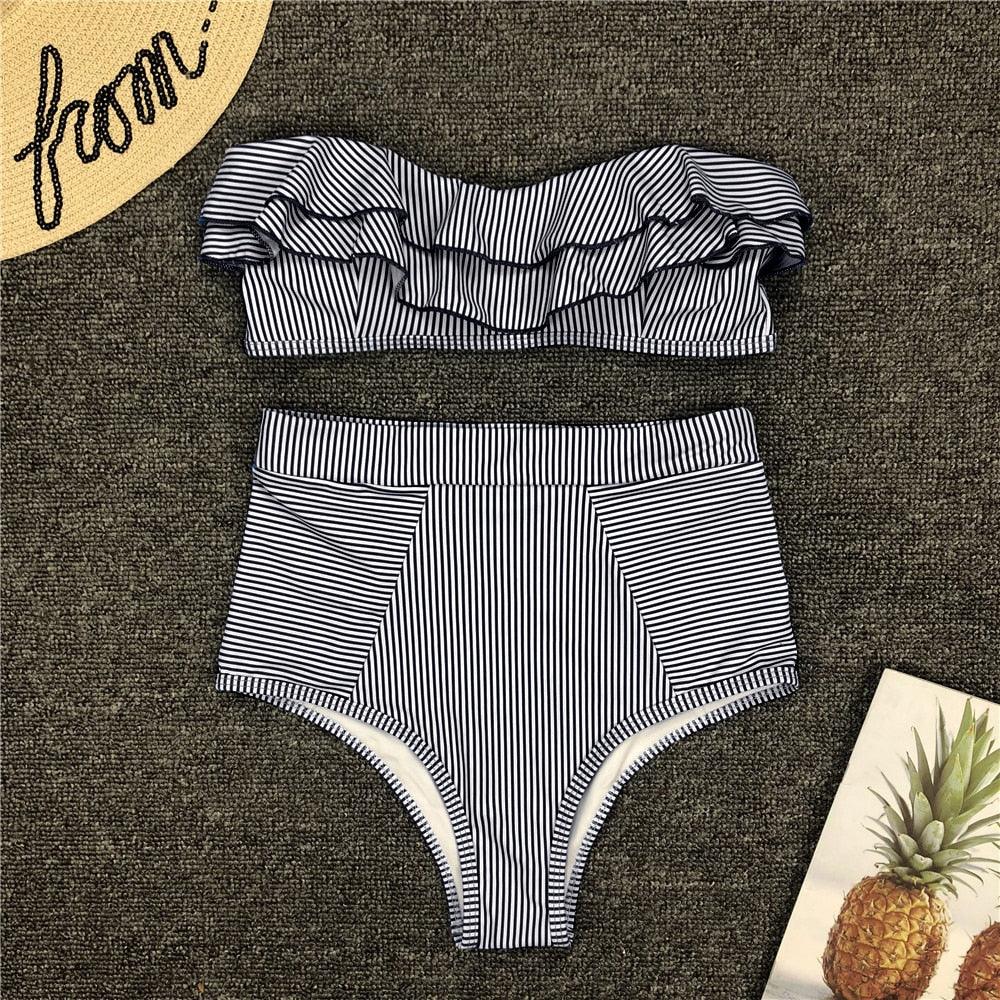 Retro Blue White Striped High Waist Bikini Lady Swimwear Women Swimsuit Female Ruffle Swim Bathing Suit  Piece Vintage High Waist Bikini Set Ruffled Swimsuits For Women Bathing Suits