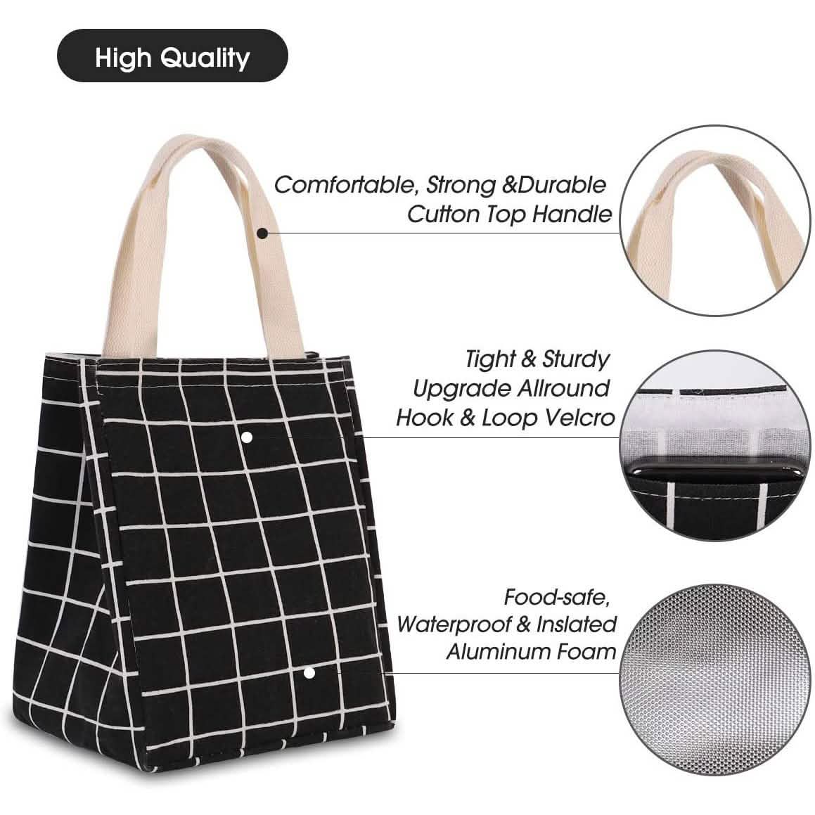 Reusable Lunch Bag Insulated Lunch Box Canvas Fabric with Aluminum Foil