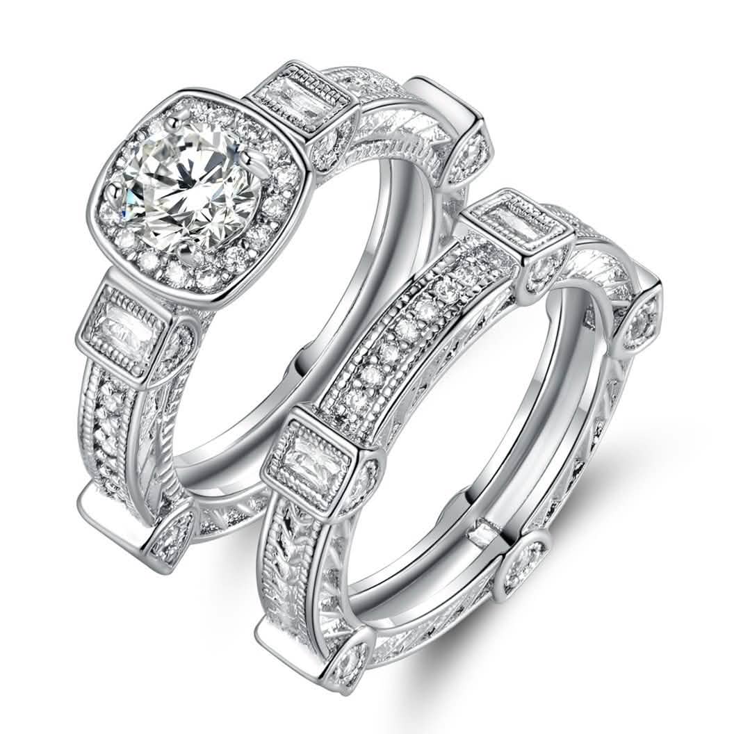 Rhodium Plated Cubic Zirconia Engagement Ring Set - Assorted Sizes