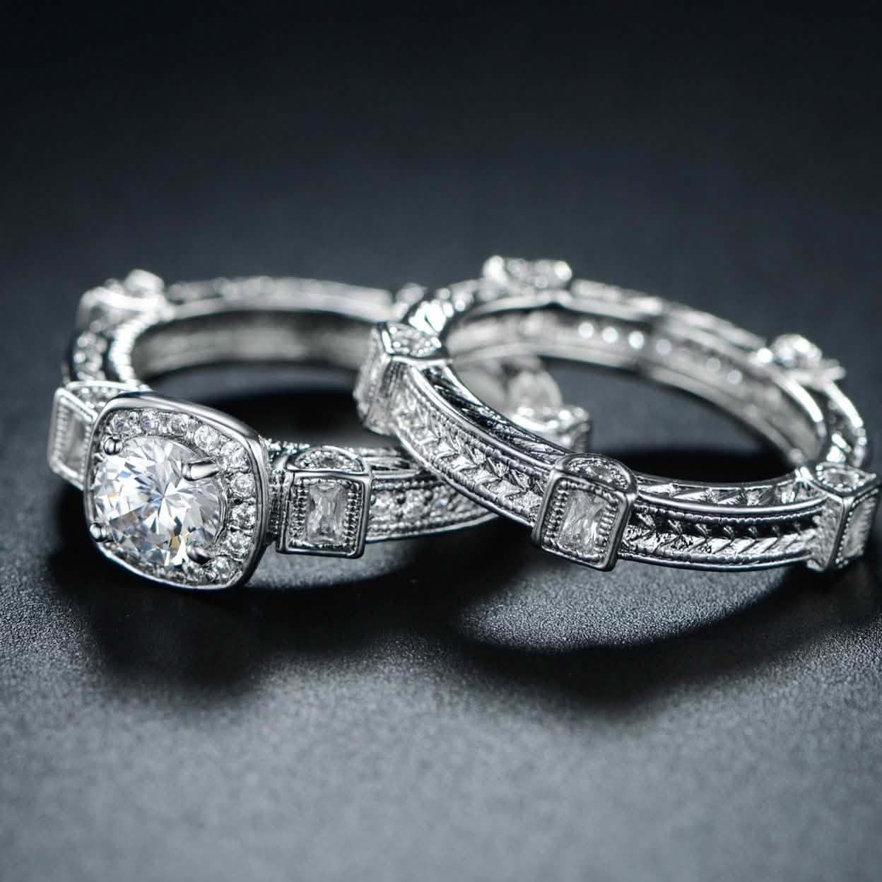 Rhodium Plated Cubic Zirconia Engagement Ring Set - Assorted Sizes