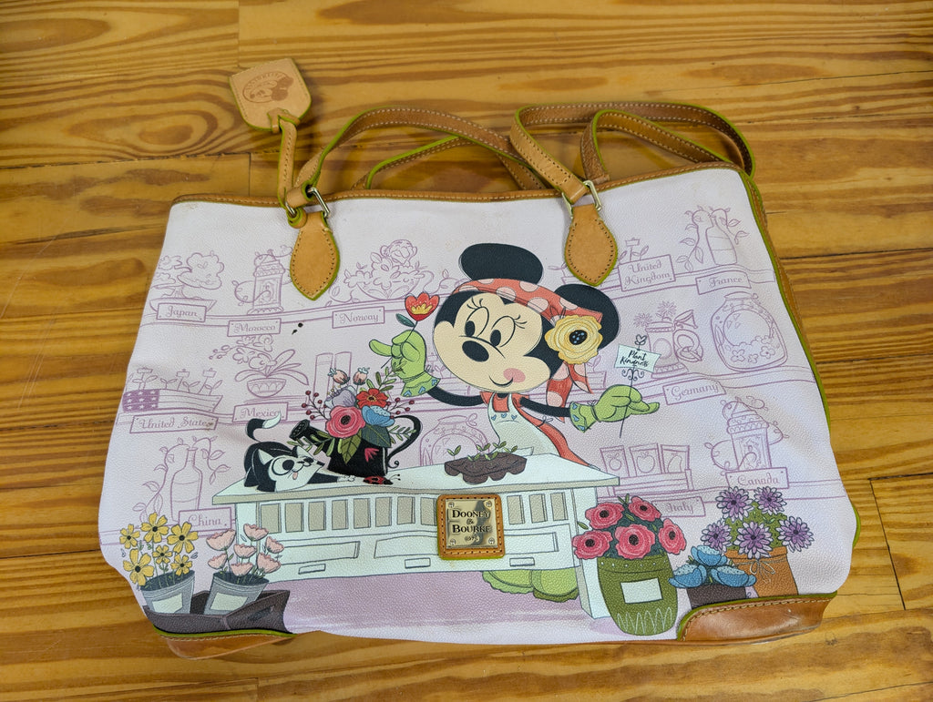 Epcot International Flower & Garden Festival 2018 Tote Bag from Dooney & Bourke - 2018 Passholder Exclusive Handbag (Coated Cotton, Leather Tote Bag, Disney Characters, Gardening, Epcot, Pink, Tan, Multi-color)