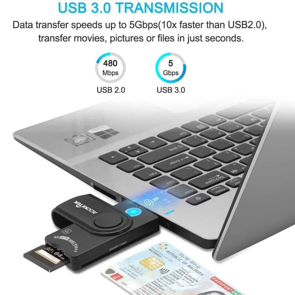 Rocketek DOD Military USB Common Access CAC Memory Card Reader