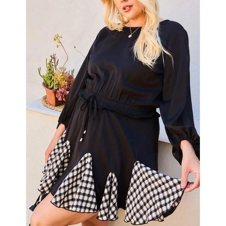 Round Neck 3/4 Bubble Sleeve Gingham Ruffle Romper