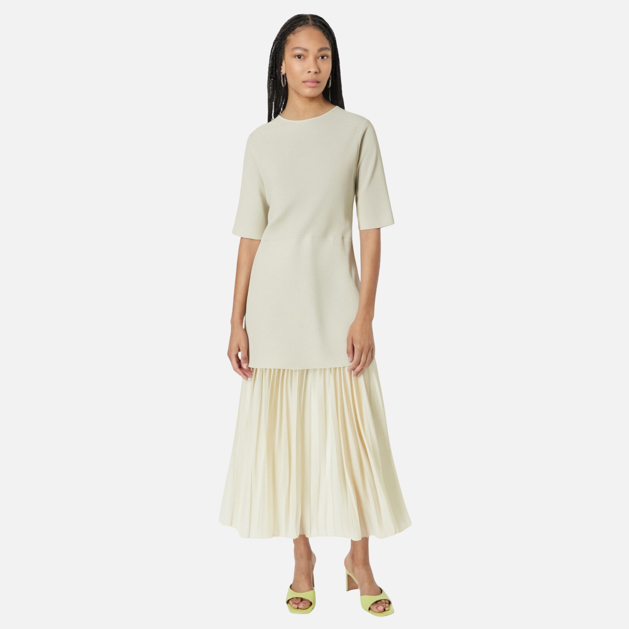Round neck short sleeved knitted patchwork pleated dress long skirt