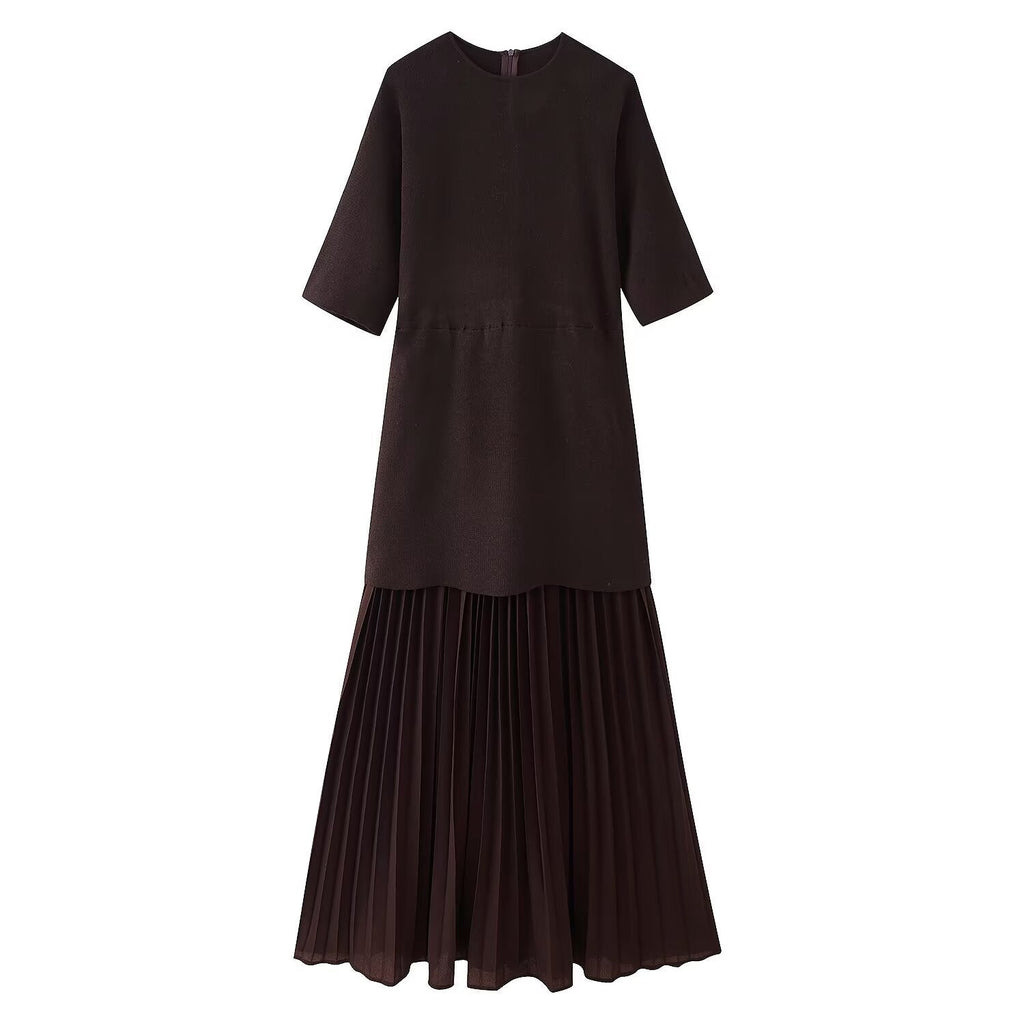 Round neck short sleeved knitted patchwork pleated dress long skirt