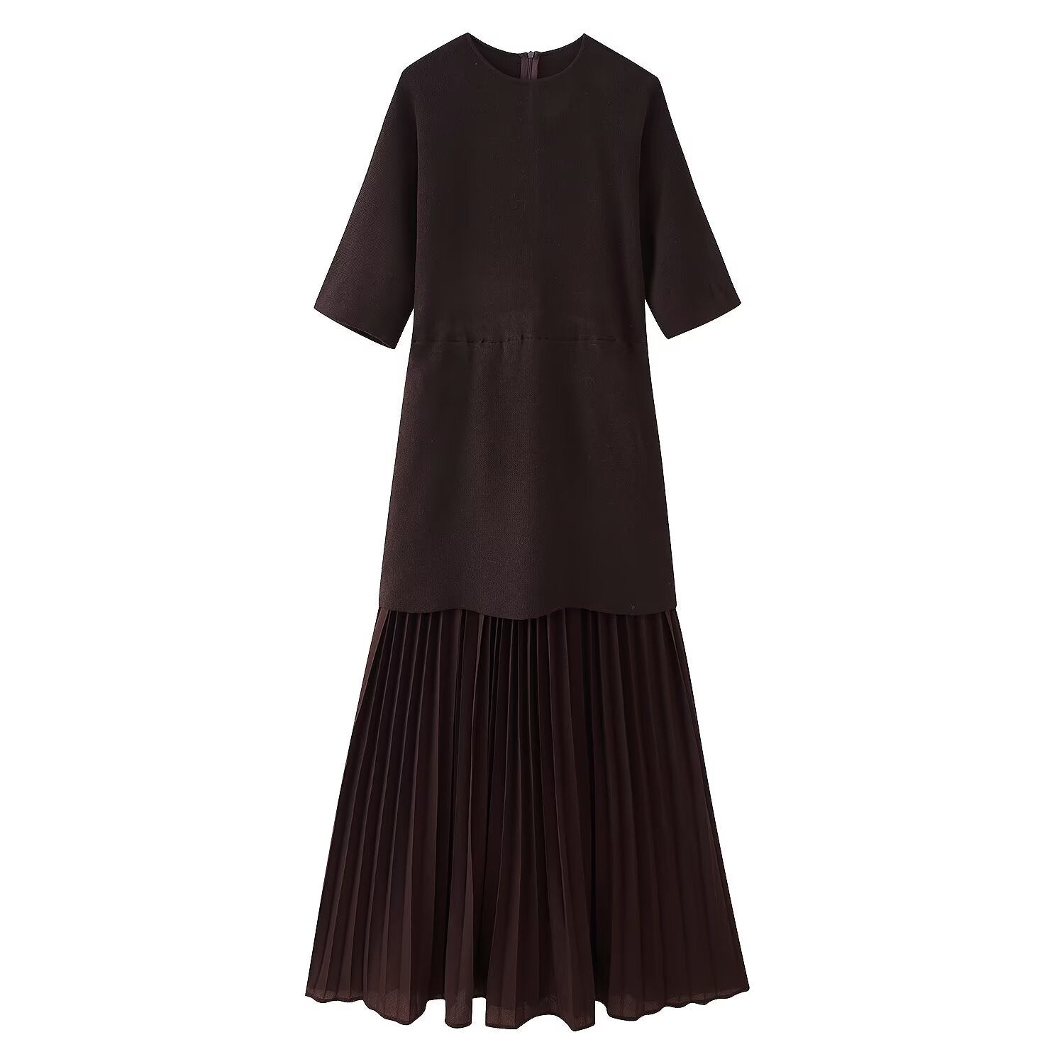Round neck short sleeved knitted patchwork pleated dress long skirt