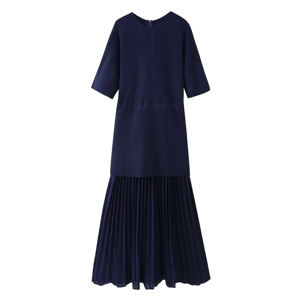 Round neck short sleeved knitted patchwork pleated dress long skirt