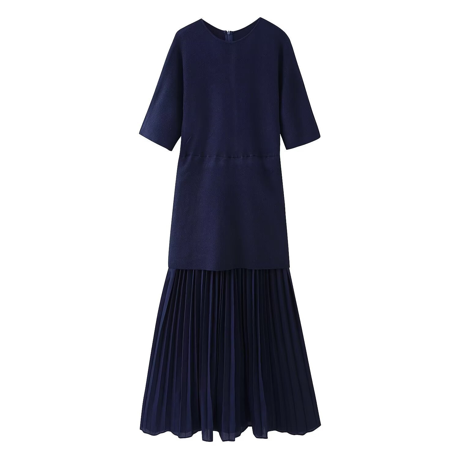 Round neck short sleeved knitted patchwork pleated dress long skirt