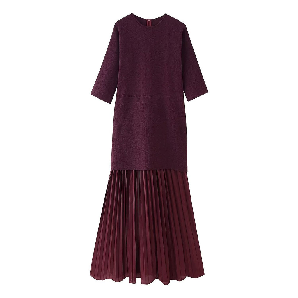Round neck short sleeved knitted patchwork pleated dress long skirt