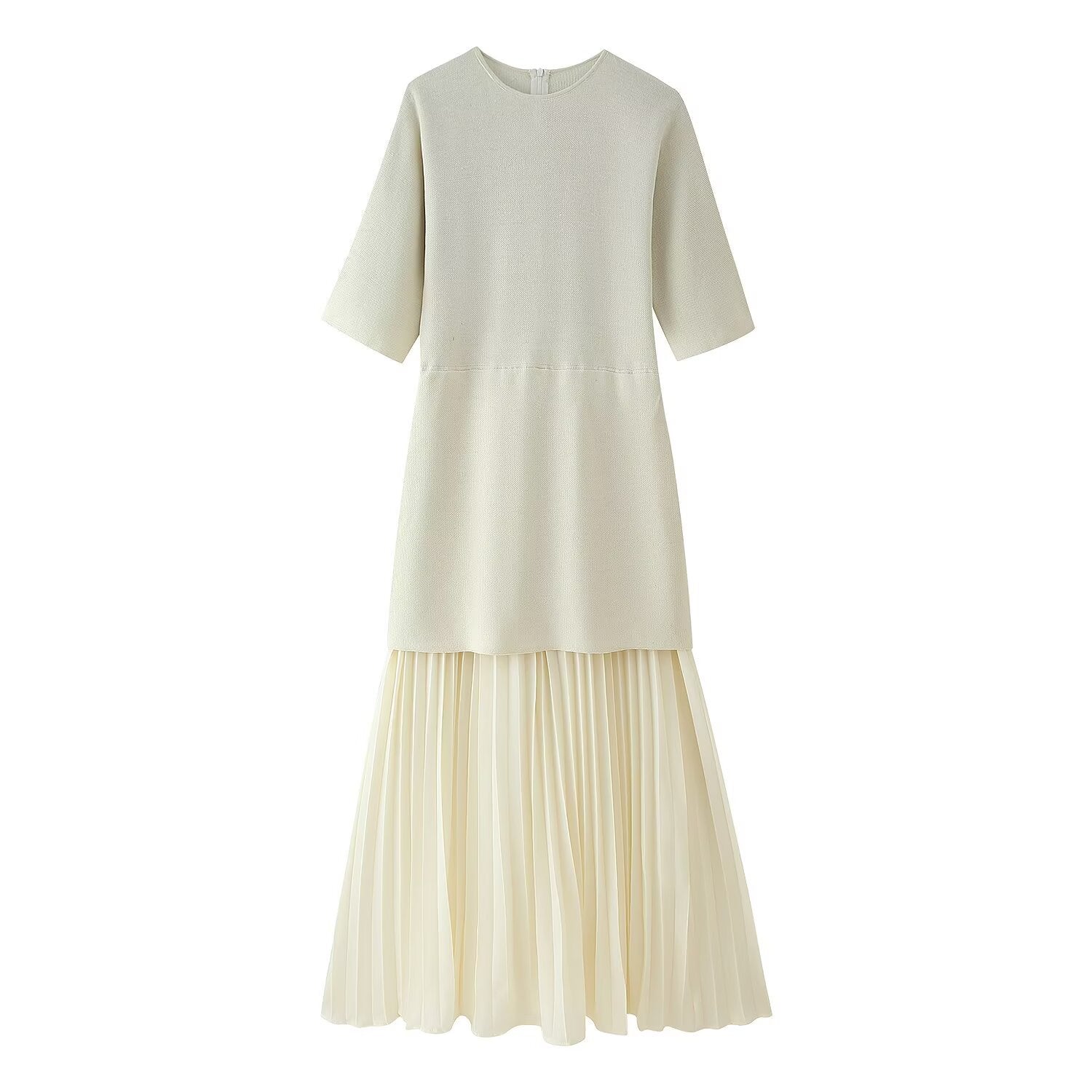Round neck short sleeved knitted patchwork pleated dress long skirt
