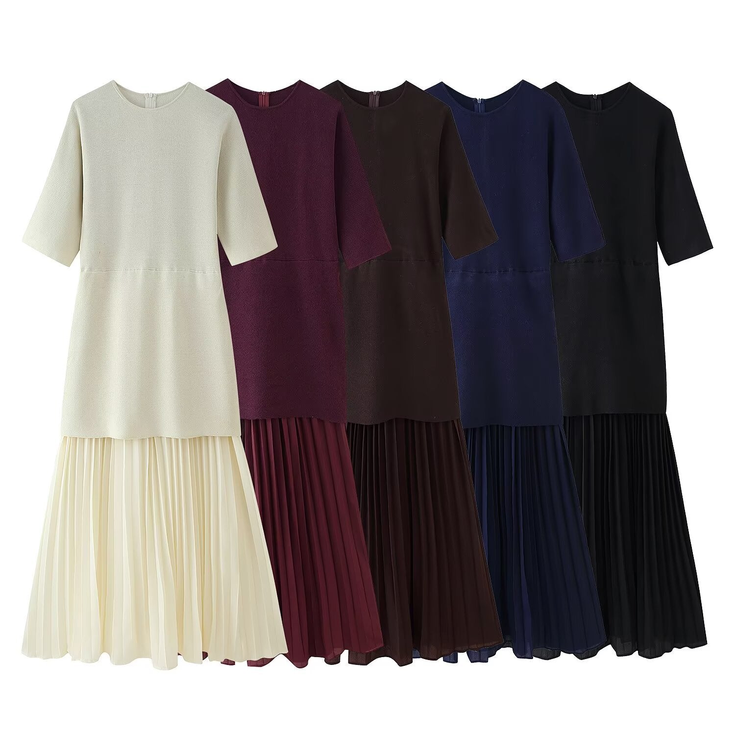 Round neck short sleeved knitted patchwork pleated dress long skirt