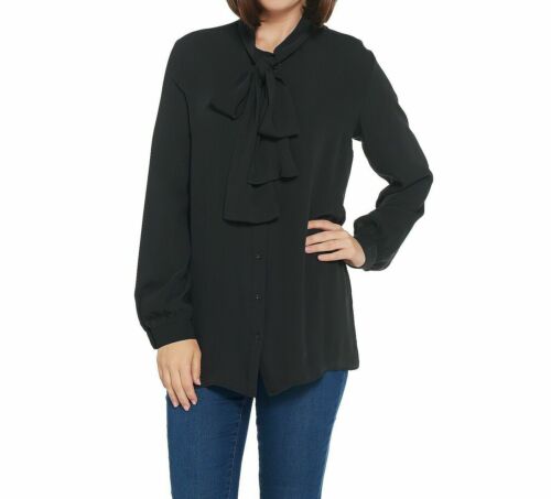MARTHA STEWART Woven Front Button Blouse Top Tie Neck Women's Sz L Francesca Black (New)
