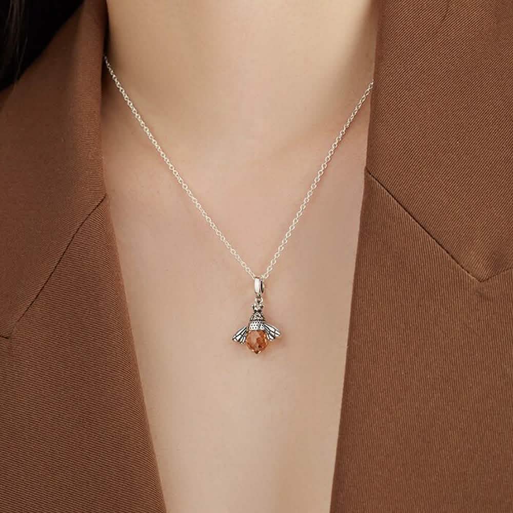 S925 Sterling Silver Necklace Orange Color Wing Animal Lovely Bee Pendant