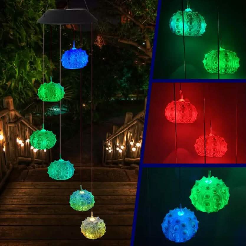 Sea Urchin Solar Light Wind Chime - LED Color Changing Decorative Hanging Lights