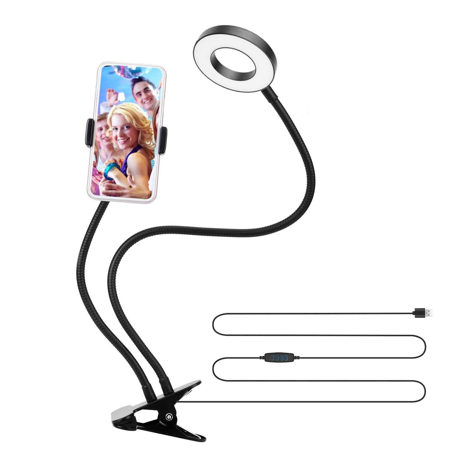 Selfie Ring with Phone Holder Clamp