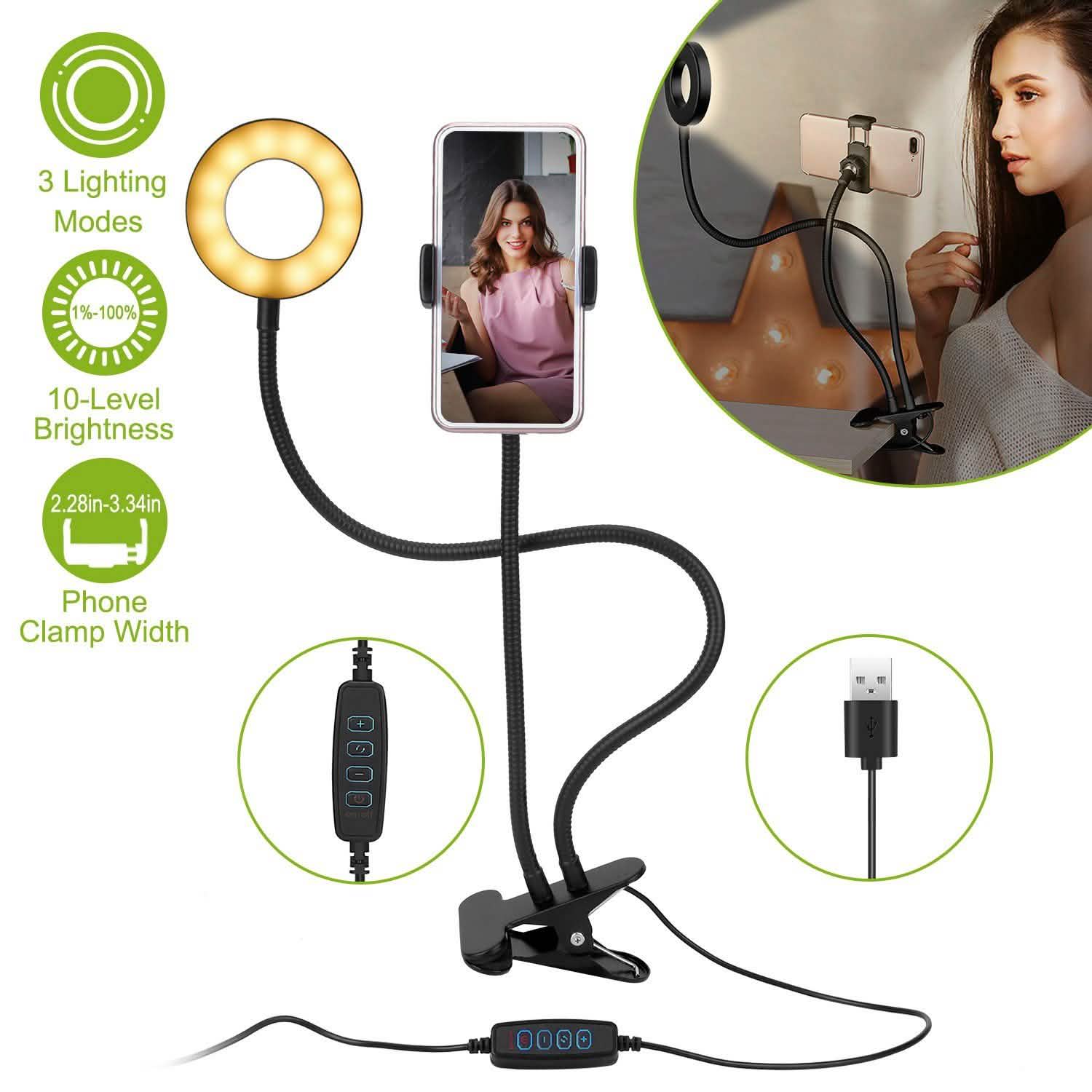Selfie Ring with Phone Holder Clamp