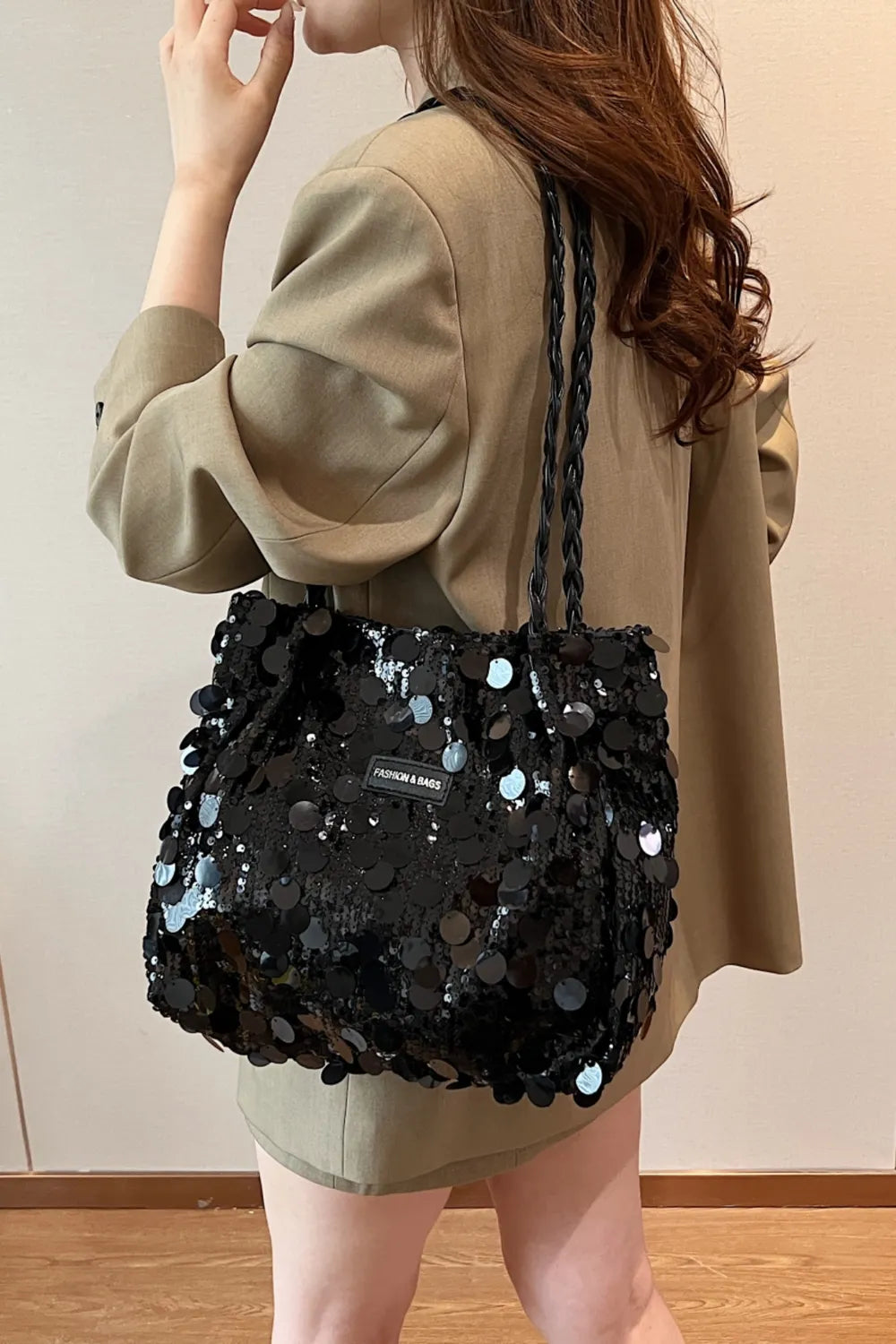 Sequin Braided Strap Shoulder Bag