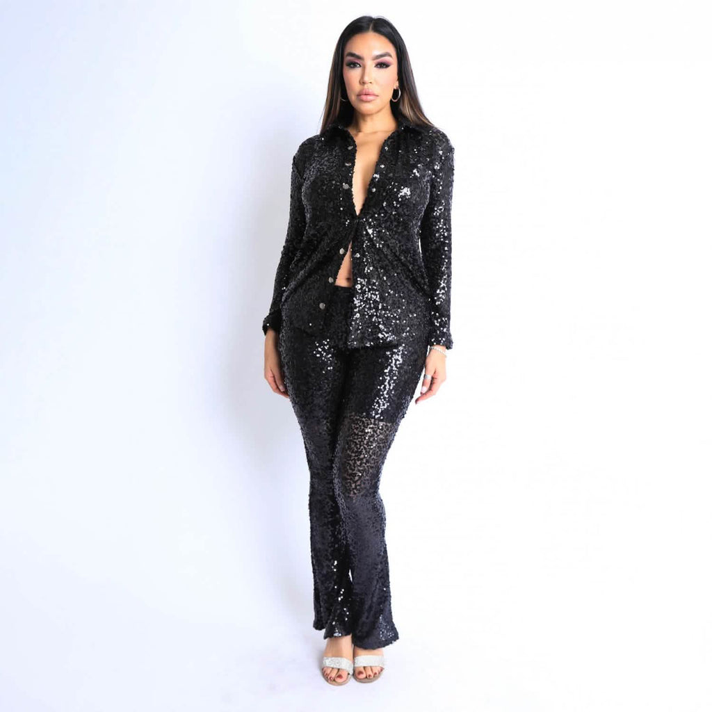 Sequin Button Down Shirt and Pant Set