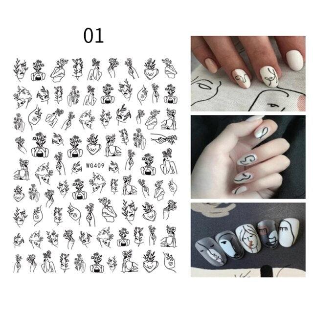 Sexy Lady Pattern 3D Nail Stickers Character Image Decals Slider Valentine Black White Nail Art Decoration Strip Line Nail Decal Self-Adhesive 3D Wave Design Decoration for Women Girls Art Stickers Decal Decoration Metallic Curve Strip Line Nail