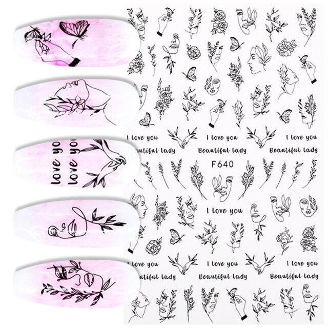Sexy Lady Pattern 3D Nail Stickers Character Image Decals Slider Valentine Black White Nail Art Decoration Strip Line Nail Decal Self-Adhesive 3D Wave Design Decoration for Women Girls Art Stickers Decal Decoration Metallic Curve Strip Line Nail
