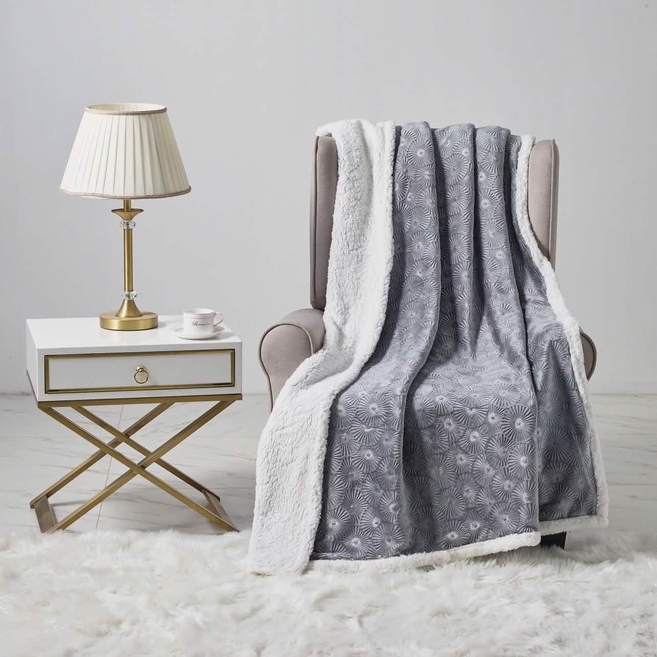 Sheradian Embossed Print Fleece/Sherpa Reversible Throw Blanket