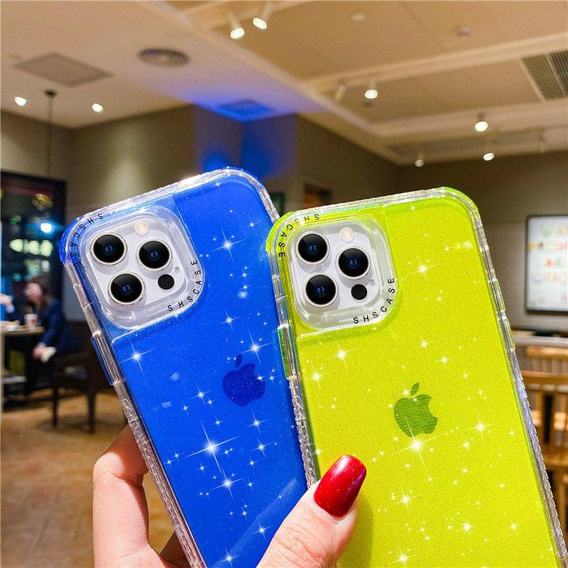 Shining Glitter Shockproof Bumper Phone Case For iPhone 13 12 11 14 Pro Max XR XS Max 13Pro 14 Transparent Soft Cover Cute Pink Glitter Design Transparent Shiny Shockproof Case For Women Girls
