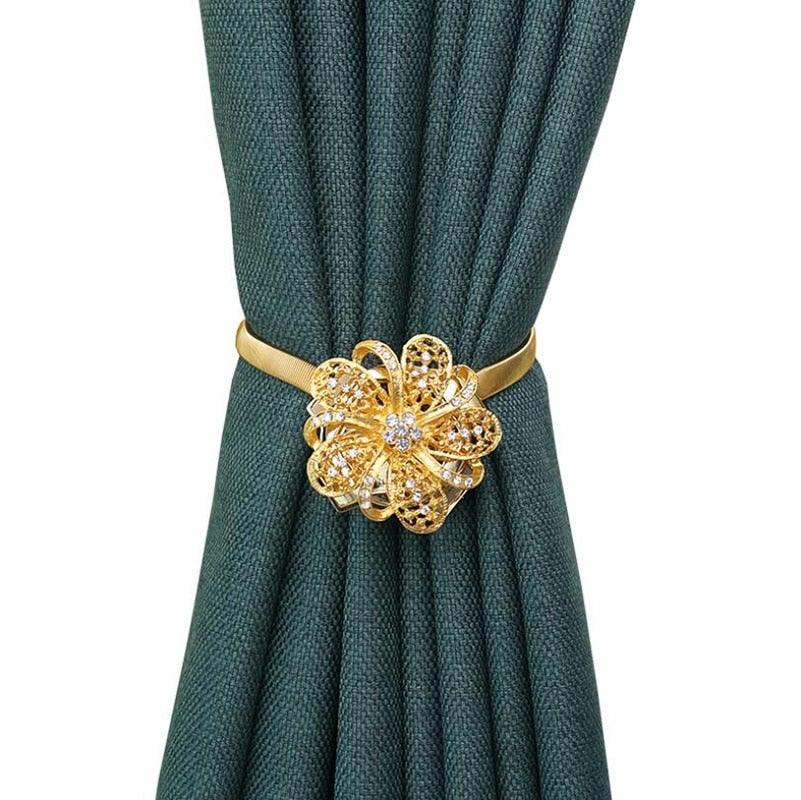 Shiny Flowers Magnetic Curtain Clip Tieback European Style Curtain Clasp Hanging Ball Rope Straps Home Decoration Accessories Crystal Curtain Magnetic Tieback Flower Curtain Clips Buckle with Stretchy Wire Rope For Home Office Decoration