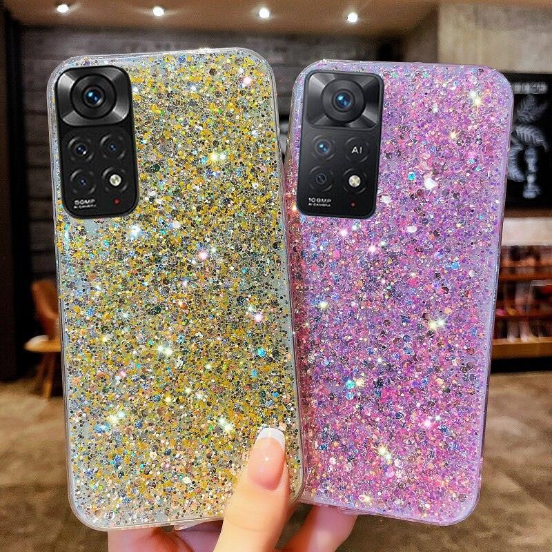 Shiny Glitter Silicone Case for Xiaomi Redmi Note 11 11S 10 10S 9 9S 9A 9C 8 8A Pro Gold Silver Foil Soft Back Cover Cute Sparkle Bling Shiny Slim Soft Reflective Clear Bumper Case for Girl Women Protective Cover