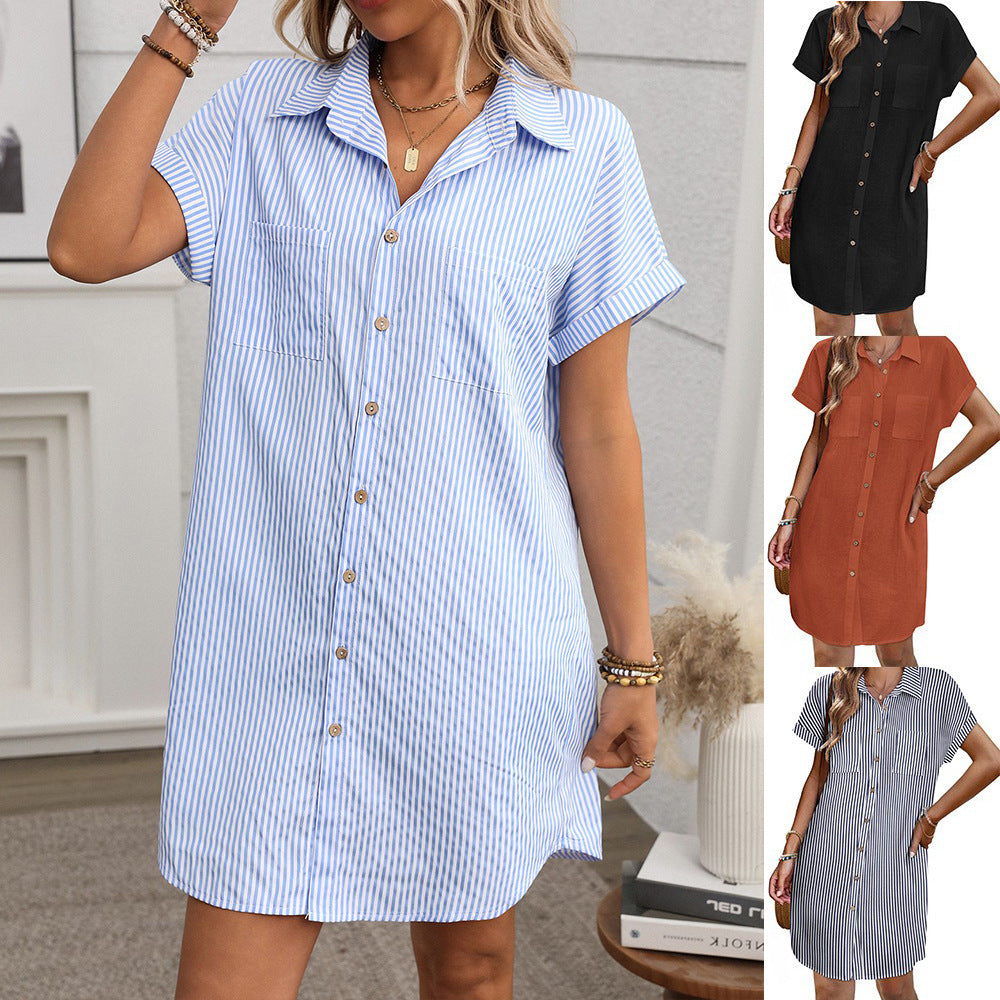 Short sleeved striped dress mid length shirt for women