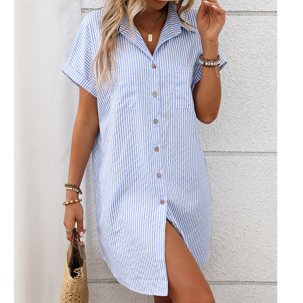 Short sleeved striped dress mid length shirt for women