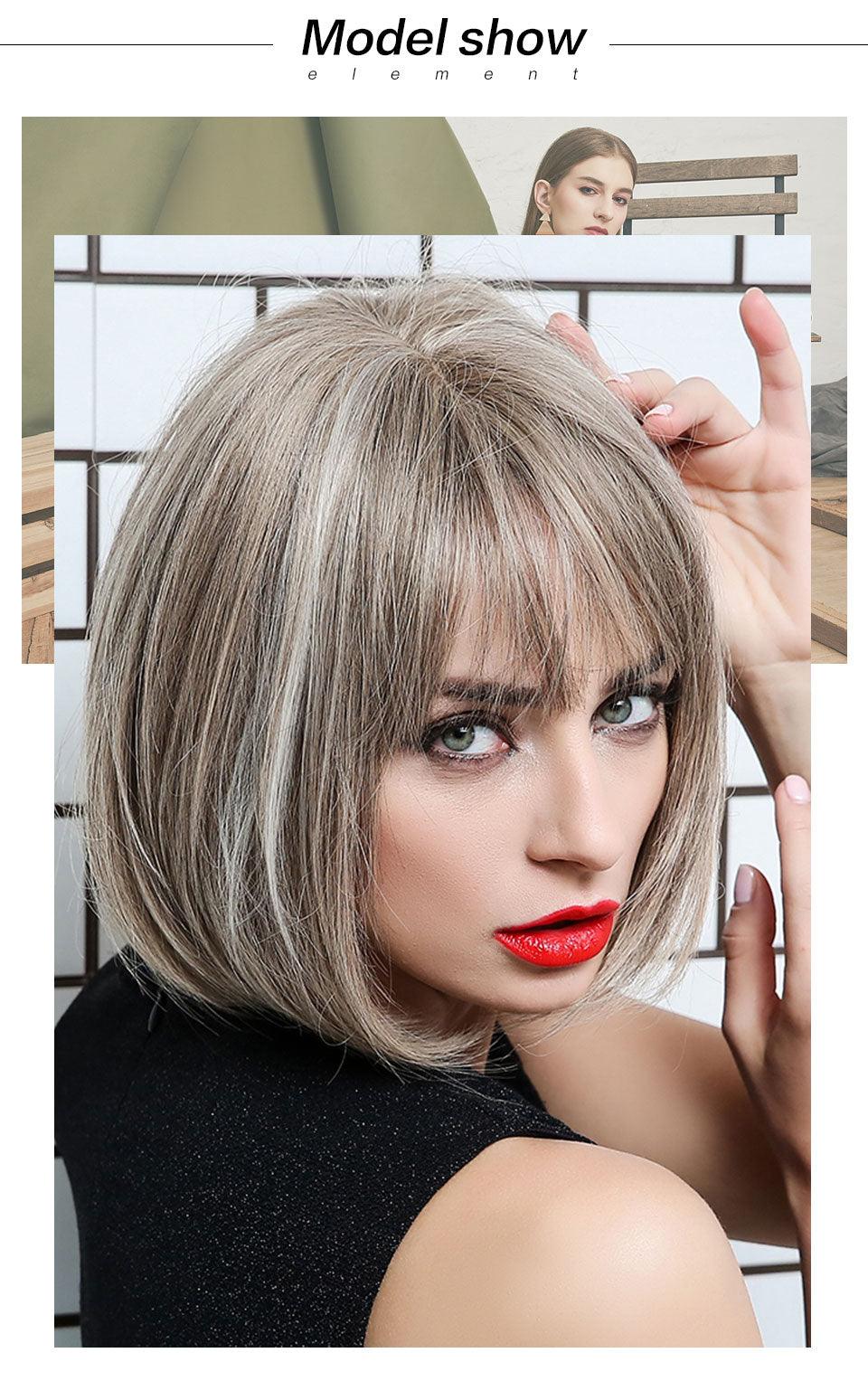 Short Straight Synthetic Brown Mix Gray Hair Cute Bob Wigs with Bangs for White/Black Women Cosplay Party or Daily Wear Wigs For Black Women Cosplay Wigs For Women