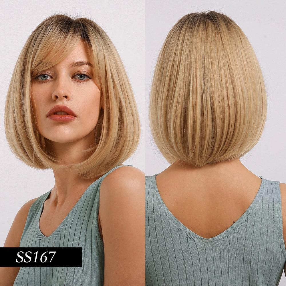 Short Straight Synthetic Brown Mix Gray Hair Cute Bob Wigs with Bangs for White/Black Women Cosplay Party or Daily Wear Wigs For Black Women Cosplay Wigs For Women