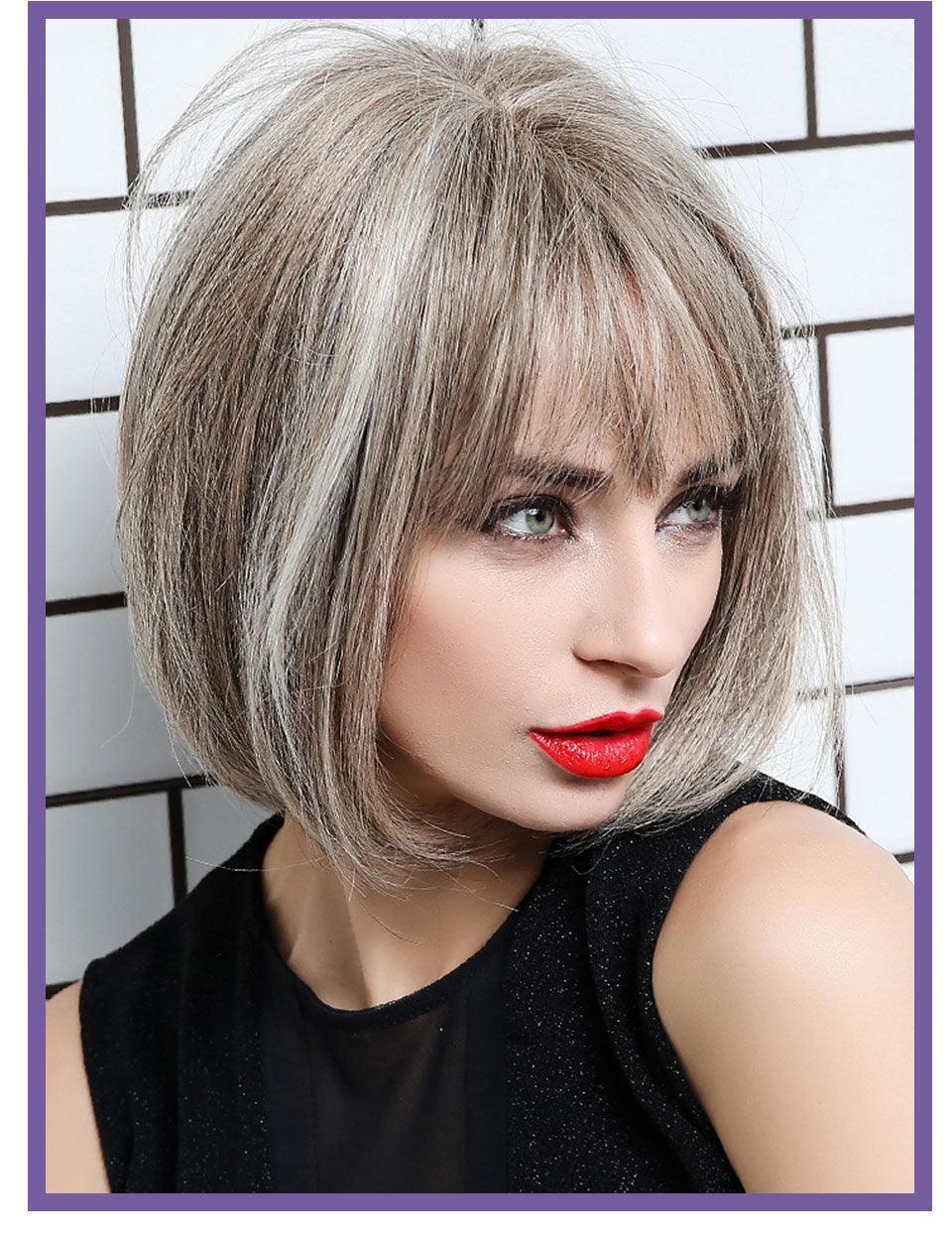 Short Straight Synthetic Brown Mix Gray Hair Cute Bob Wigs with Bangs for White/Black Women Cosplay Party or Daily Wear Wigs For Black Women Cosplay Wigs For Women